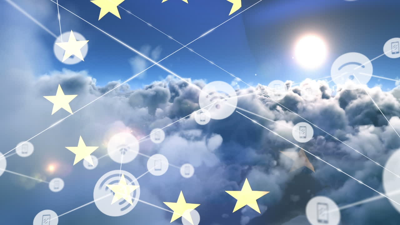 연결 네트워크의 애니메이션과 eu  ⁇ 발과 구름진 하늘 위의 아이콘