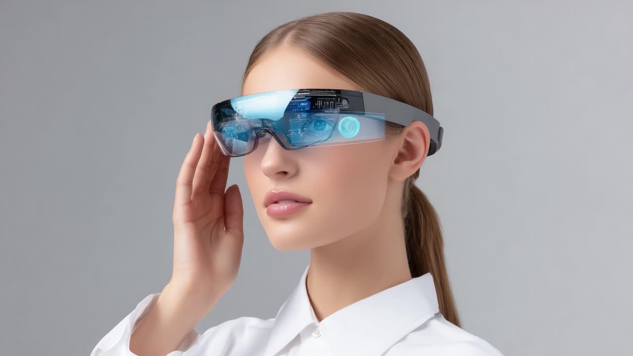 Una giovane donna che indossa occhiali avanzati per la realtà aumentata, che mette in mostra una fusione moderna di tecnologia e stile in un ambiente minimalista, enfatizzando l'innovazione e la visione del futuro