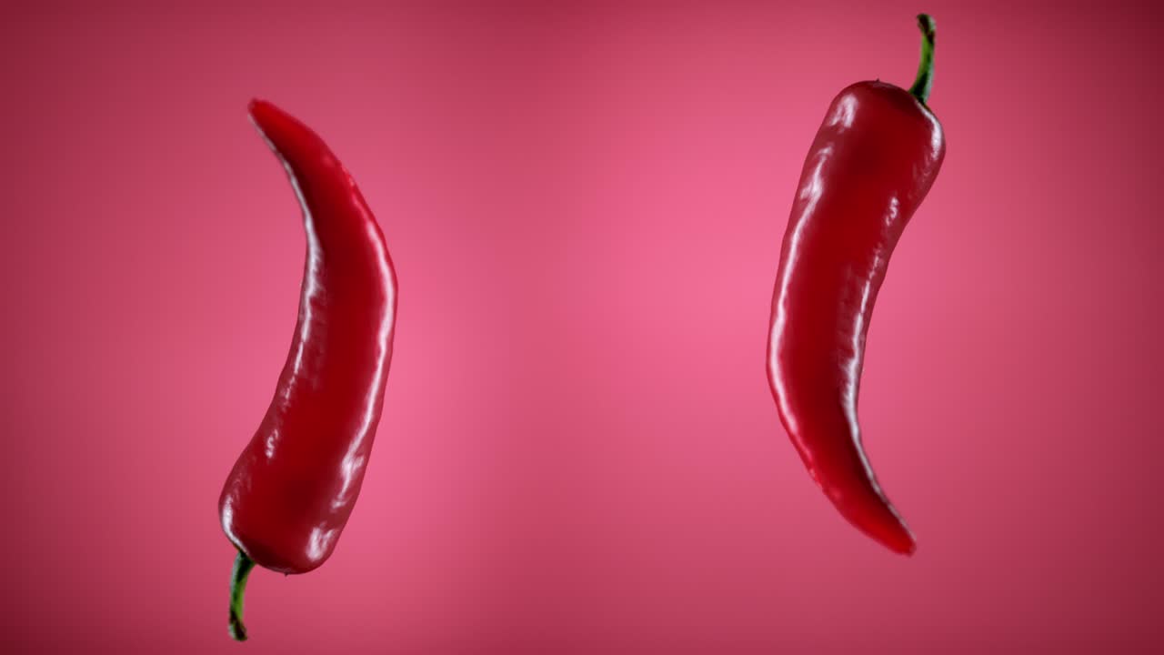 신선한 매운 칠리 고추가 날아다니며 공중에 매달려 회전하고 떨어집니다.