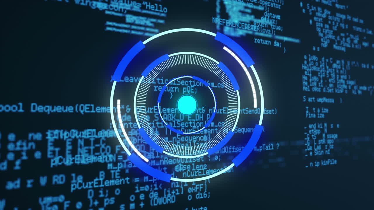 animación del escáner redondo de neón y procesamiento de datos contra un fondo azul