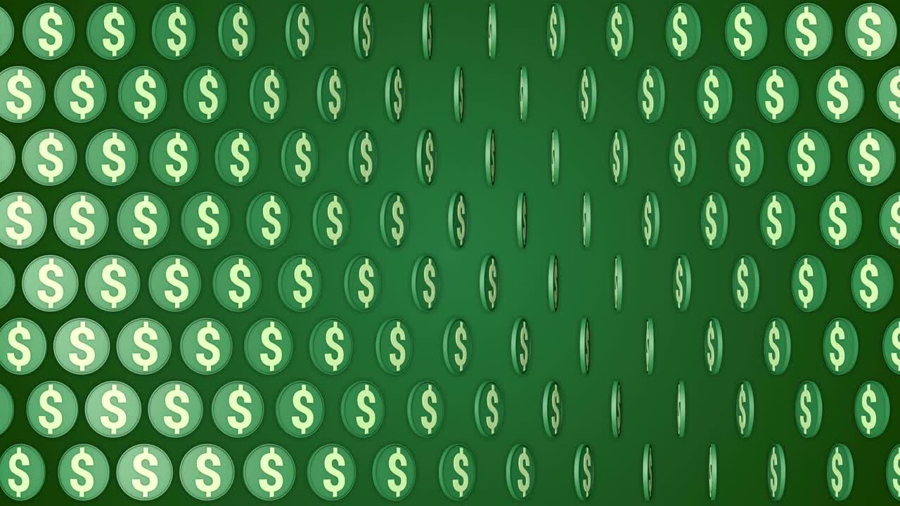 Dollar american money green background rotating coins