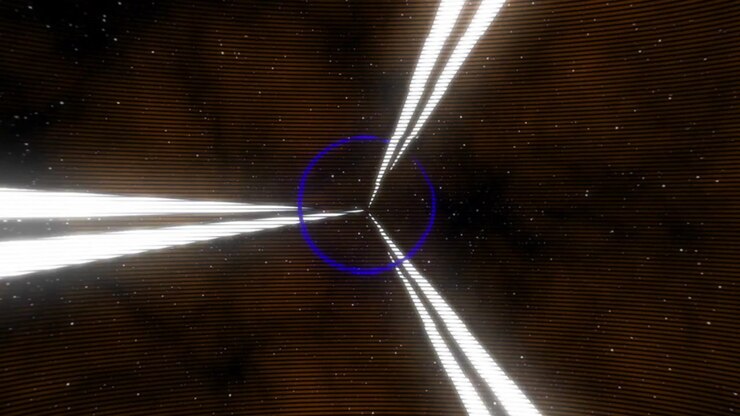 Appearing white star causing three blue beams forming circular emblem pulsating, fading in space
