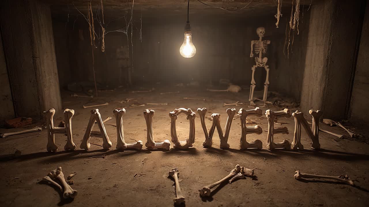 Sinister halloween text composed of human bones lying on a dirty concrete floor in a dark, scary dungeon, illuminated by a swinging light bulb, with a skeleton and cobwebs in the background