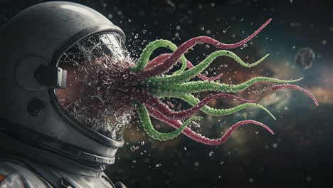 an astronaut engulfed by a colorful alien creature: a surreal encounter in space with tentacles erupting from the helmet in a cosmic setting