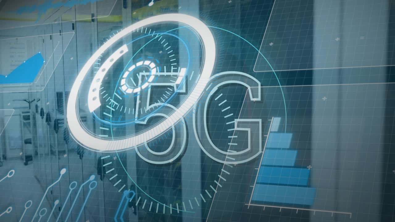 Animazione di orologio ed elaborazione dati finanziari sovrapposti a un ufficio