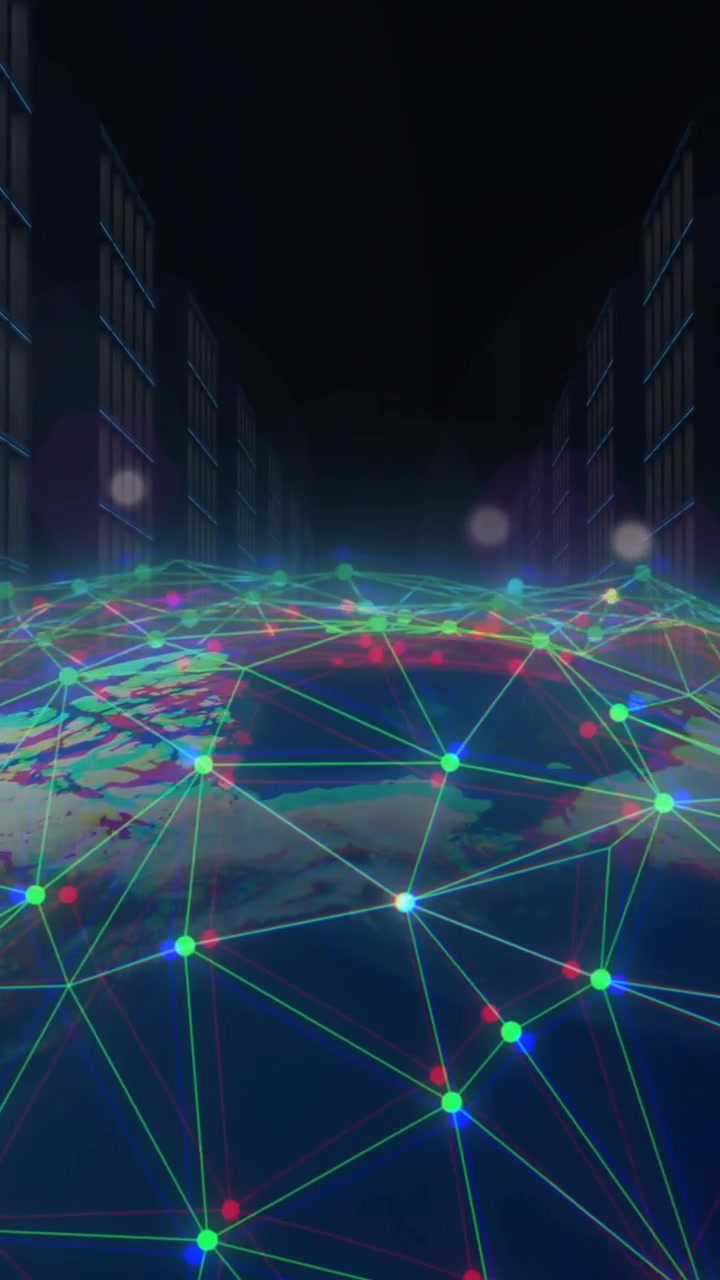 Animazione di mappamondo con connessioni, elaborazione dati su server informatici