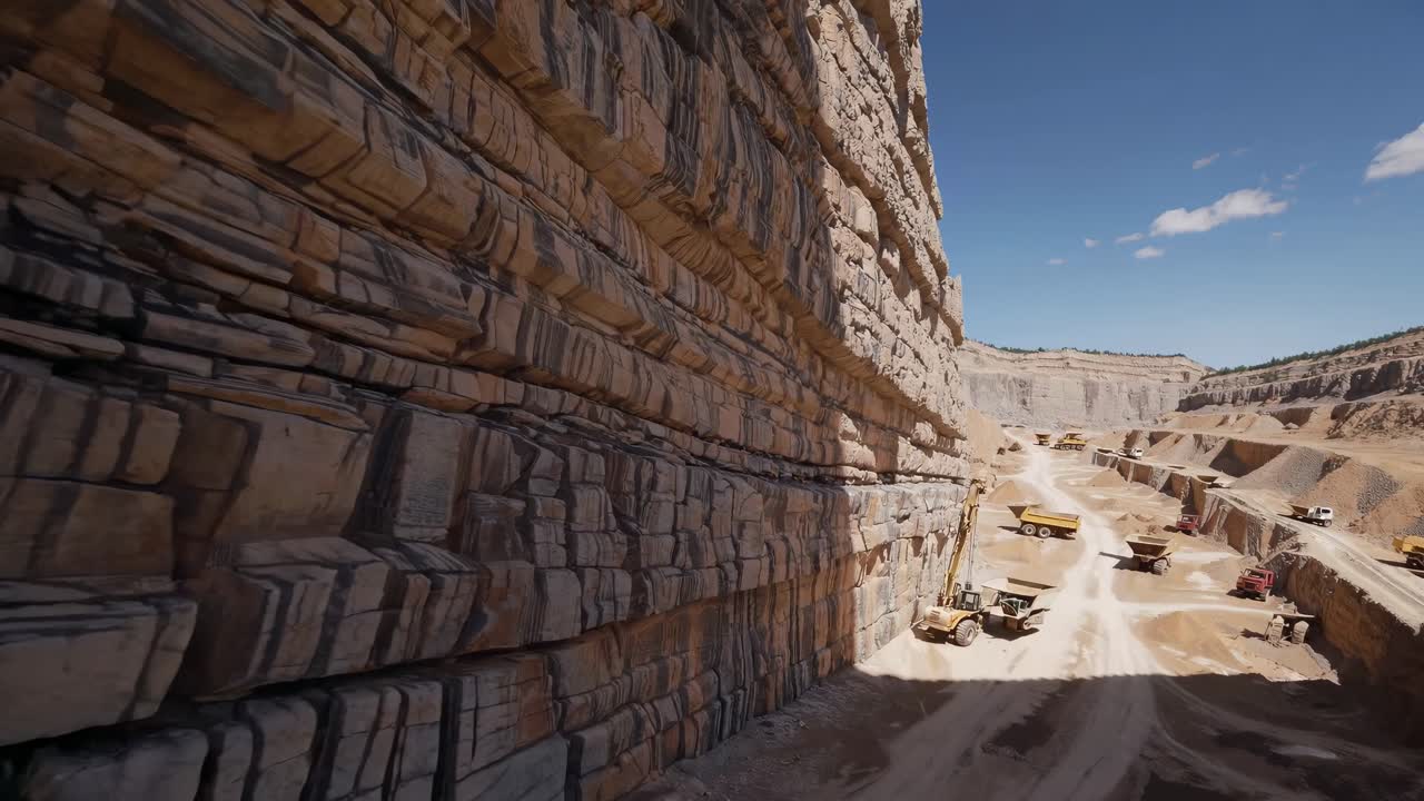 Quarry Rock Face with Strata and Machinery