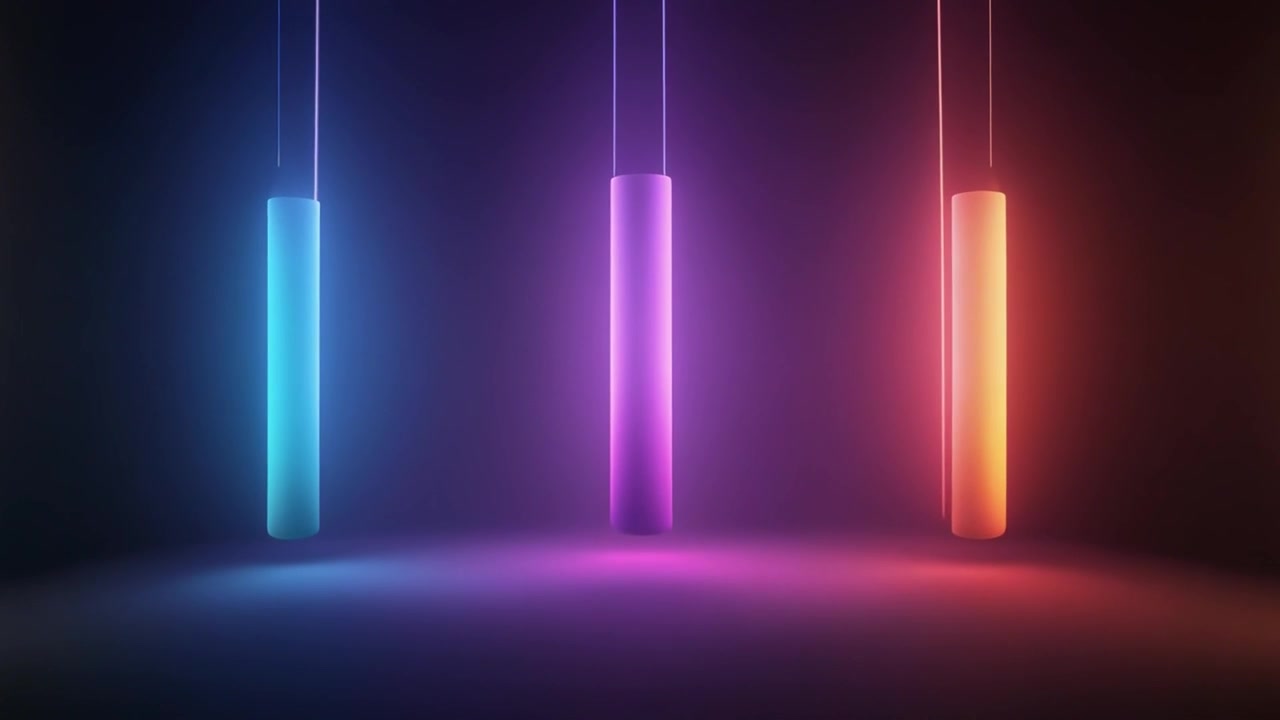 Three Glowing Neon Cylinders Hanging in Dark Space