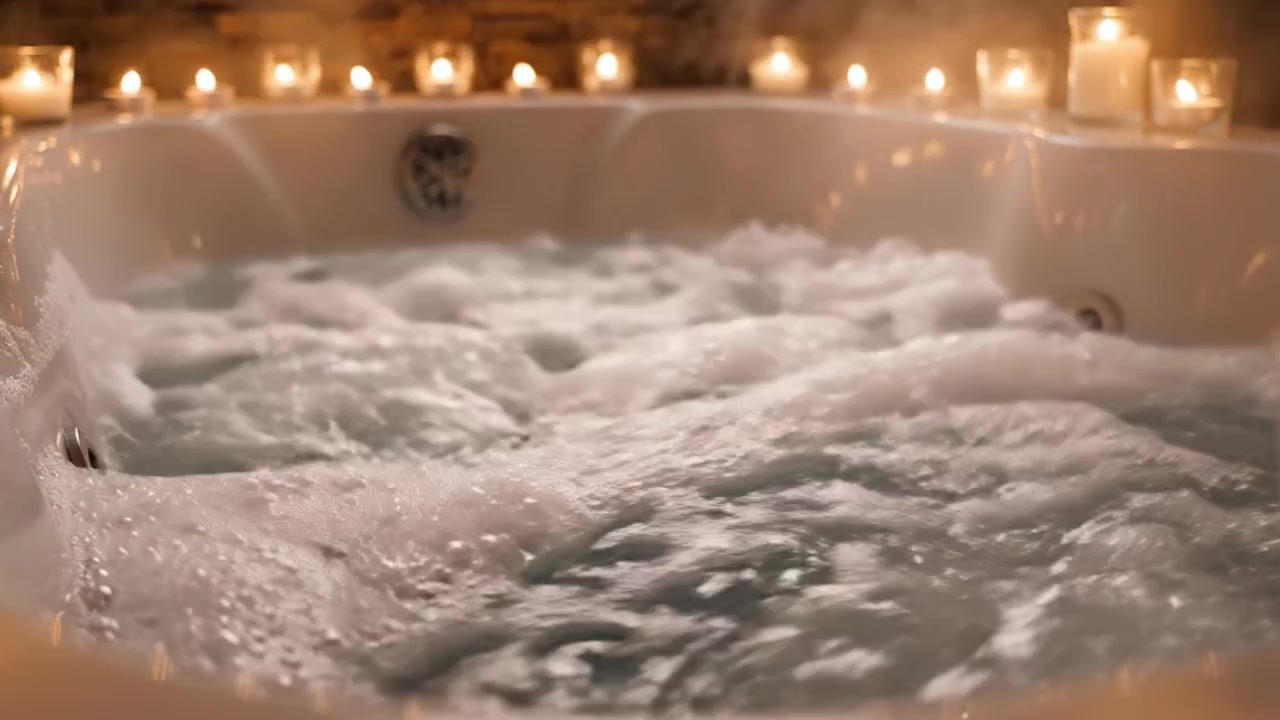 Atmosfera Rilassante con Acqua Frizzante e Candele Accese in una Lussuosa Vasca da Bagno Perfetta per Momenti di Cura di Sé e Coccola