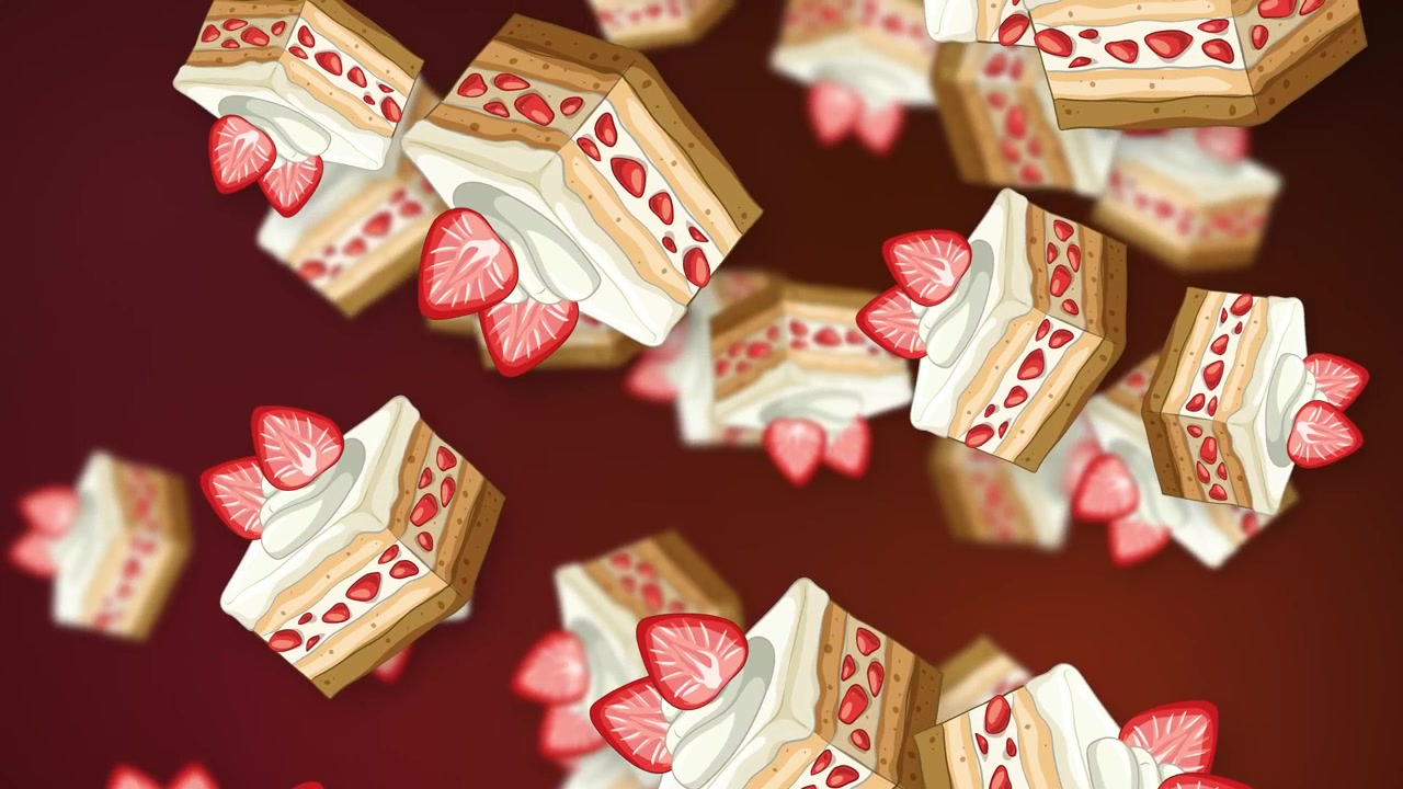Fette animate di torta alle fragole che cadono su uno sfondo scuro