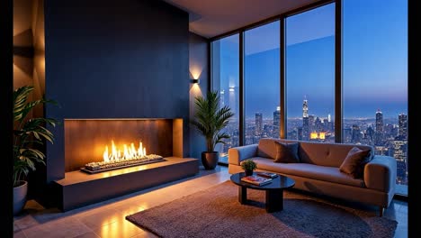 modern high-rise apartment living room with city views