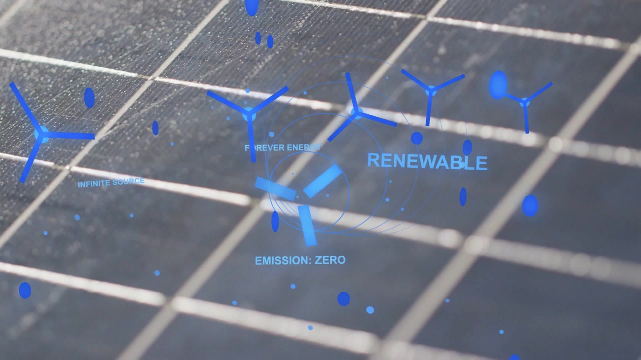 Cella solare che mostra un overlay olografico che appare, turbine che scorrono, etichette che evidenziano l'energia rinnovabile.
