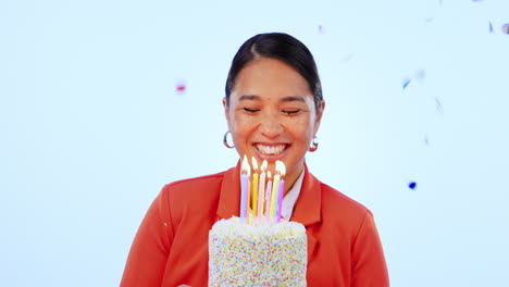 woman, cake and blow candles in studio