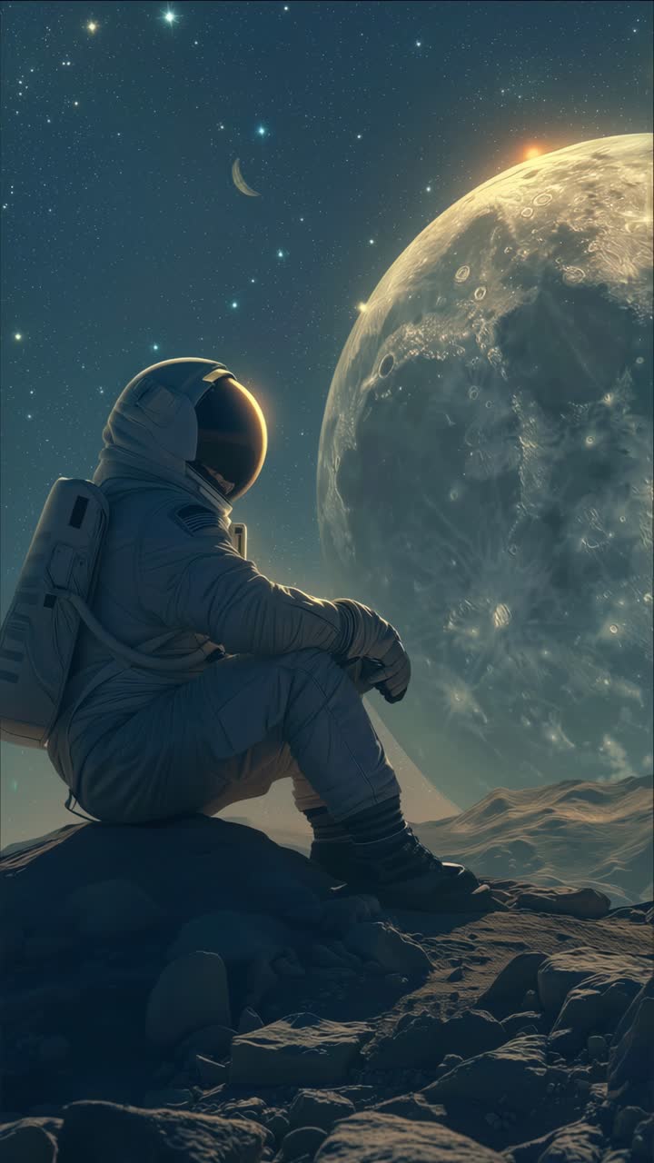 A dreamy, cinematic video concept of an astronaut sitting on a moonlit landscape, gazing at a giant
