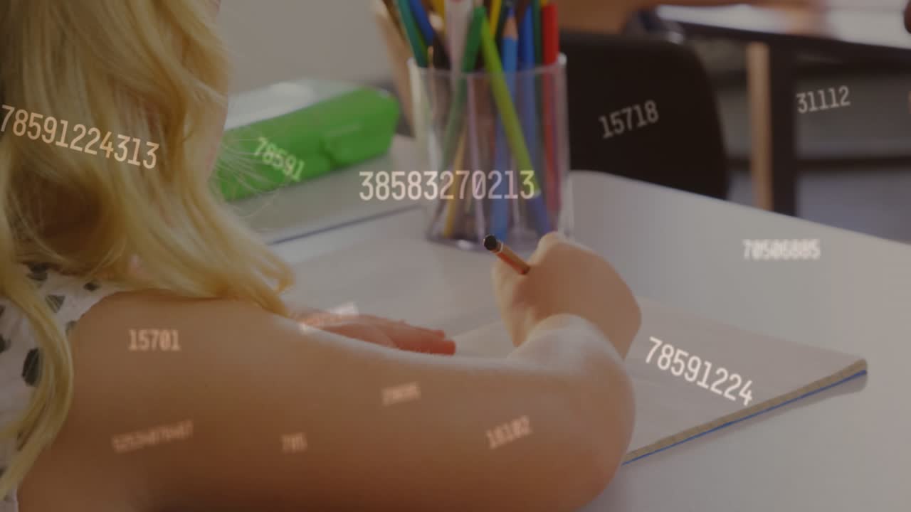Animation of changing numbers, circuit board pattern, caucasian girl drawing in book at classroom