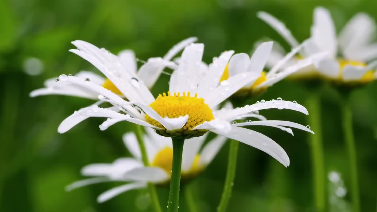Nahaufnahme-Video von Gänseblümchen mit Tau, aufgenommen aus einem niedrigen Winkel, die Frische hervorhebt