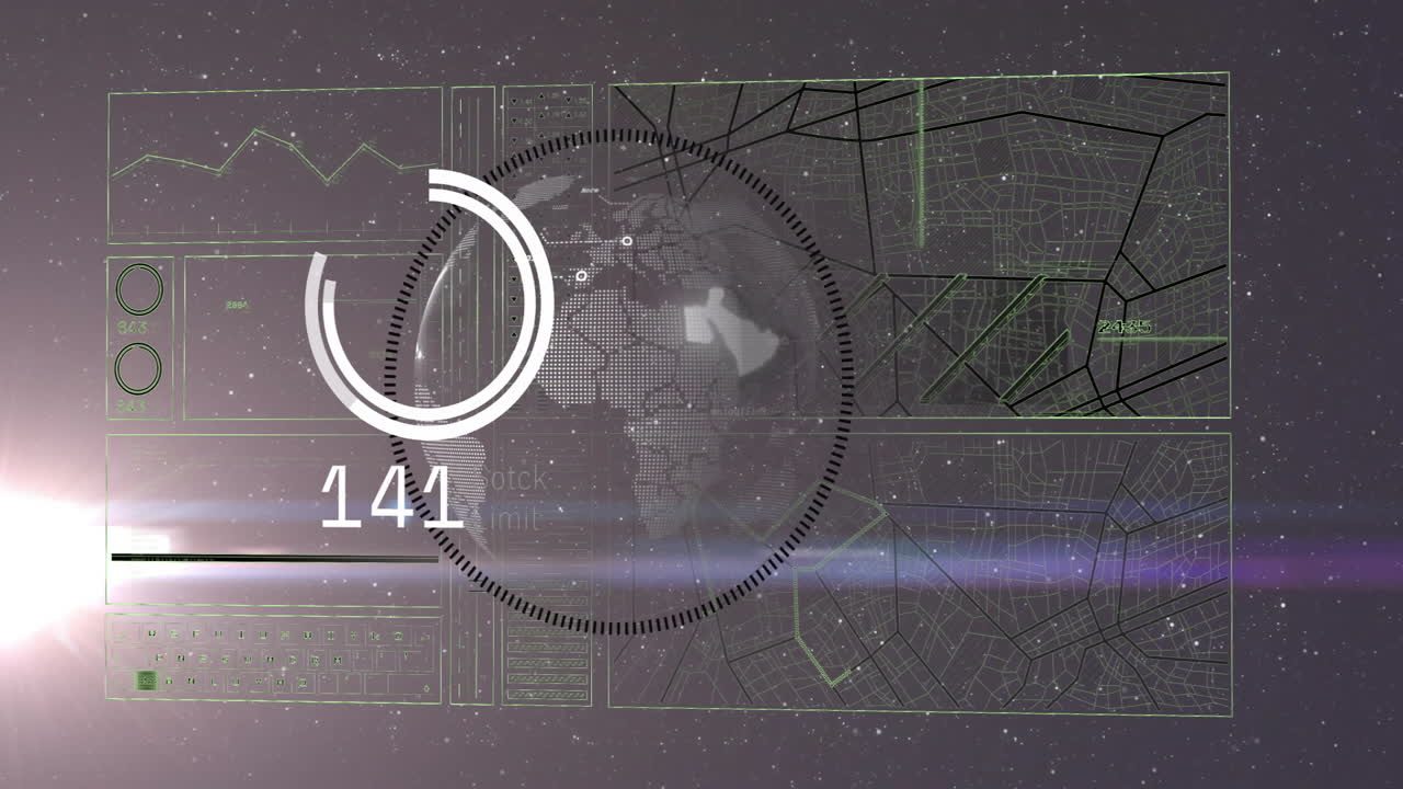 Digital animation with world map and graphs, processing data in space environment