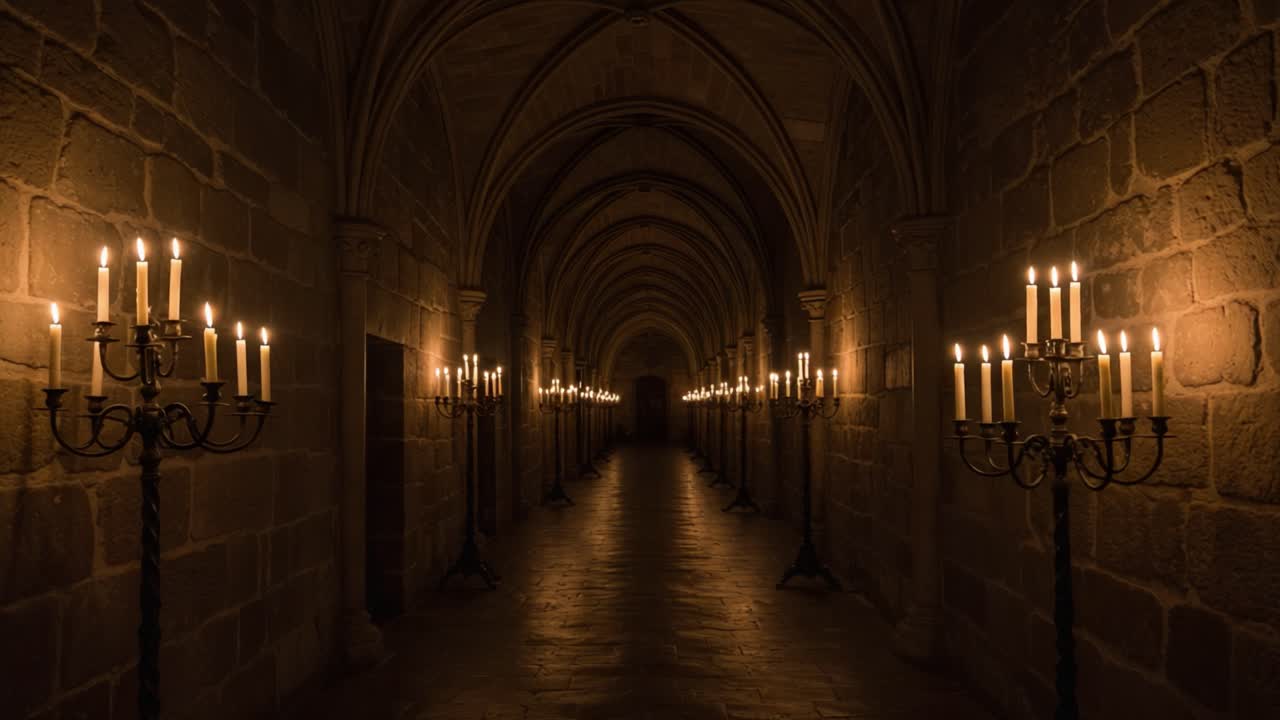 A Mesmerizing View of a Dimly Lit Medieval Corridor with Candlelit Candelabras Casting Shadows on Stone Walls, Creating an Enigmatic Atmosphere of History and Mystery