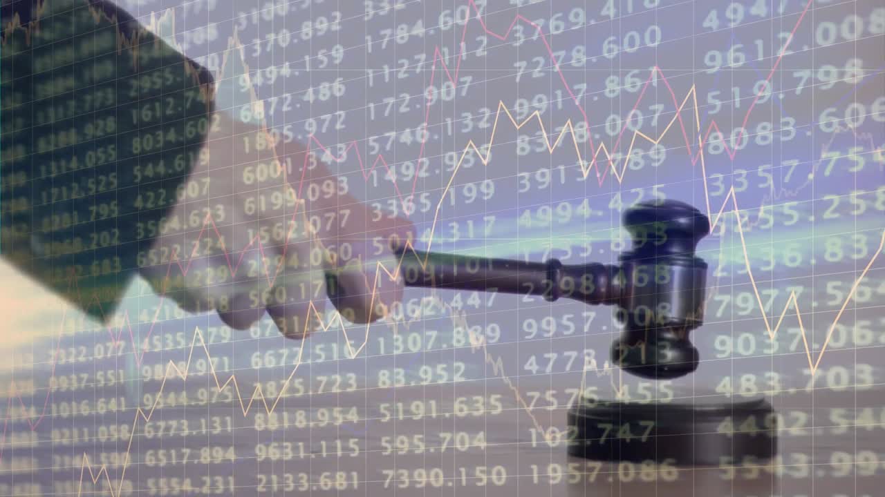 Animation of statistics and financial data processing over auctioneer's hammer