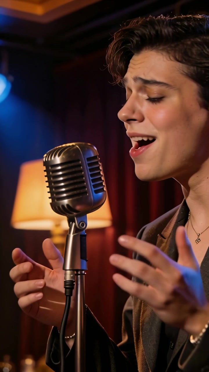 Video verticale: Segnale luminoso che avvia un cantante uomo in blazer che canta in un microfono vintage in un lounge.