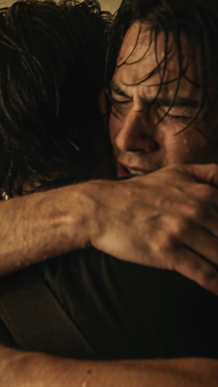 Vertical video: Holding close, two men seeking calm in pain in dim room with wet dark shirts strap