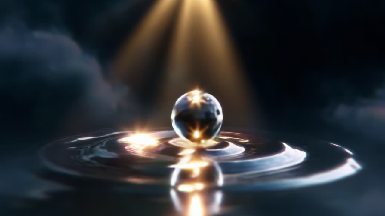 A Stunning Visual of a Floating Water Droplet Illuminated by a Beam of Light, Creating Beautiful Ripples in a Serene, Dark Atmosphere, Representing Tranquility and Natural Beauty