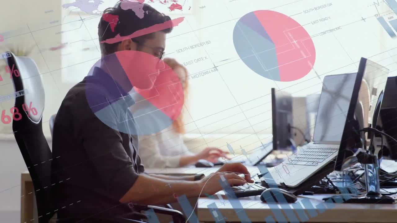 animación de procesamiento de datos estadísticos contra un hombre caucásico pensativo usando una computadora portátil en la oficina.