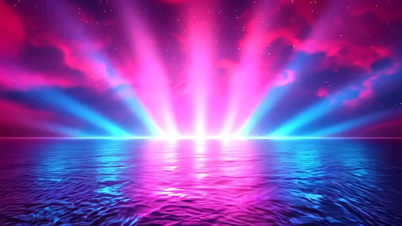 A bright, colorful, and dynamic scene of a body of water with a purple and blue sky