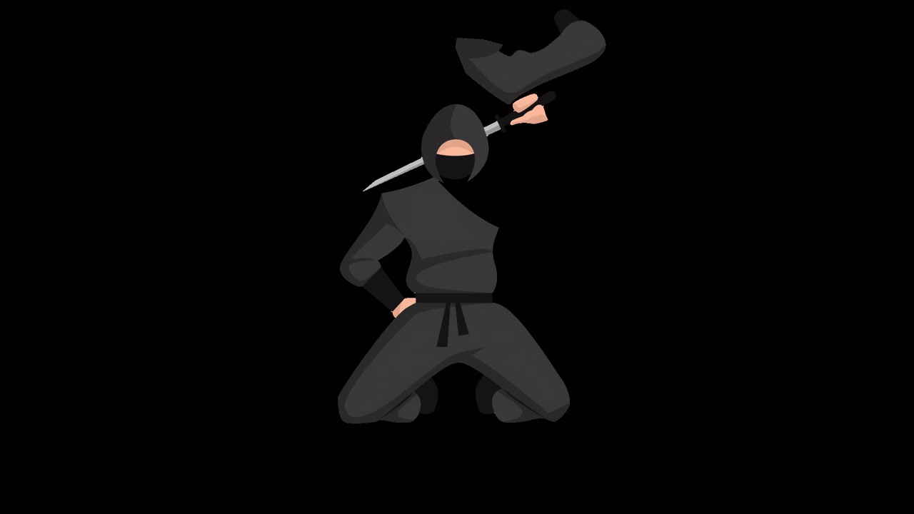 Geanimeerde ninja die een katana-zwaard trekt en weer in de schede steekt