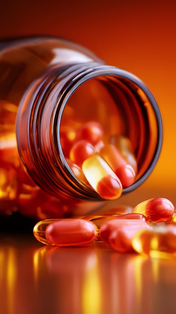 Primo piano di integratori alimentari in una bottiglia di vetro con capsule che fuoriescono su uno sfondo dai toni caldi, che evidenzia i benefici di vitamine per la salute e il benessere