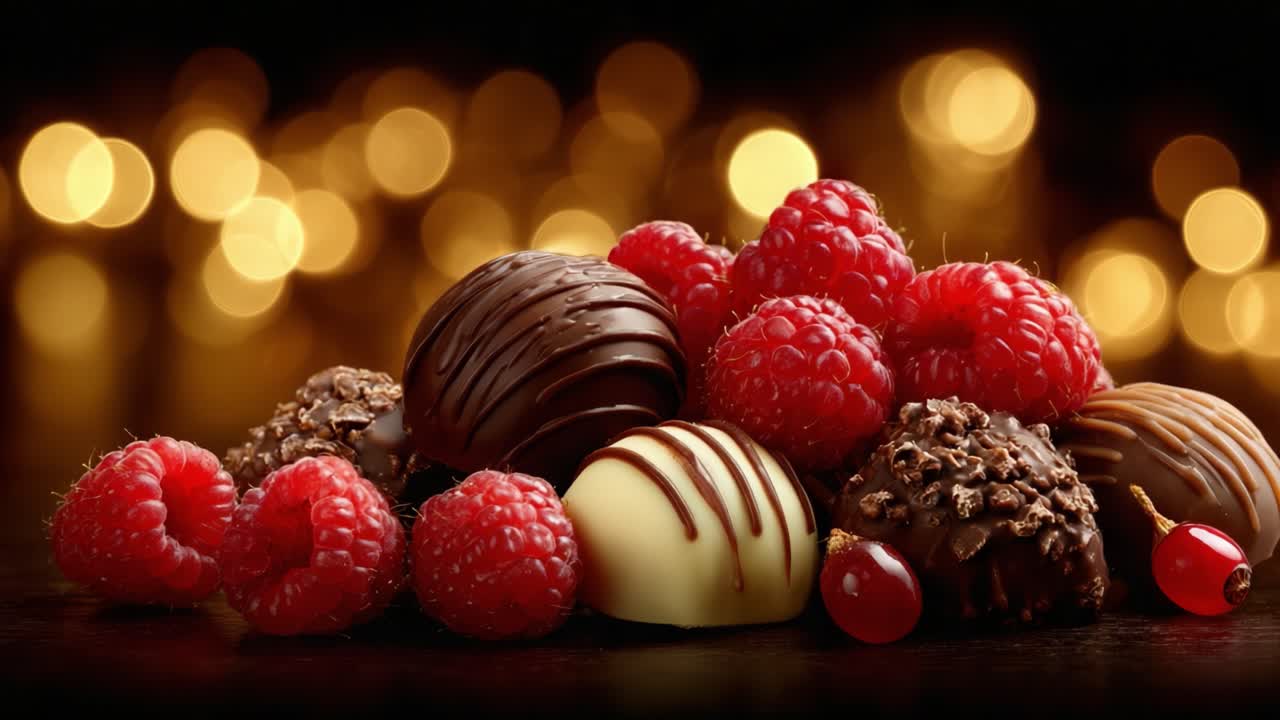 A Delectable Arrangement of Chocolate Treats and Fresh Raspberries Amidst a Magical, Blurry Golden Background Perfect for Celebrating Special Moments
