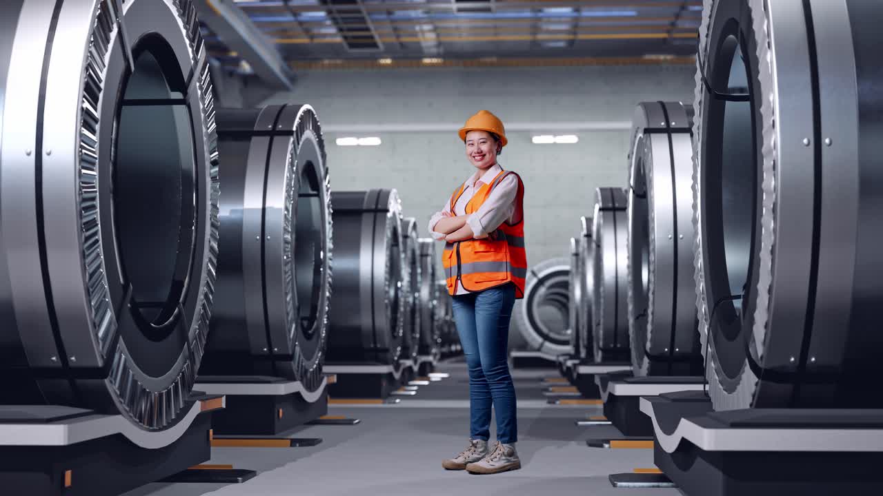 полный боковой вид азиатской женщины-инженера с защитным шлемом, пересекающей руки и оглядывающейся, стоя на металлургическом заводе