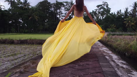 mujer con un vestido amarillo en un arrozal