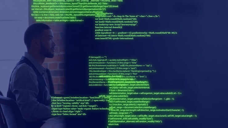 Computer code animation over business person working on laptop