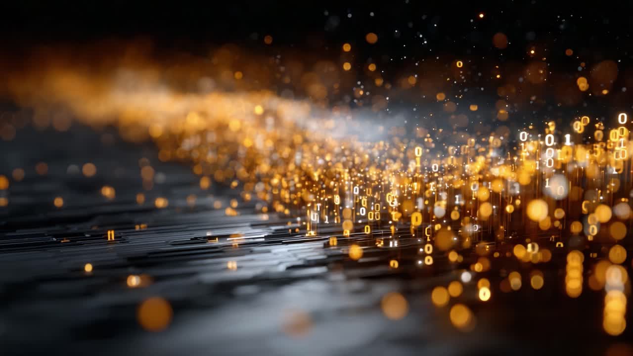 Uno spettacolo ipnotizzante di particelle di dati luminose e codice binario in un paesaggio digitale, che illustra la fusione di tecnologia e creatività nel design moderno