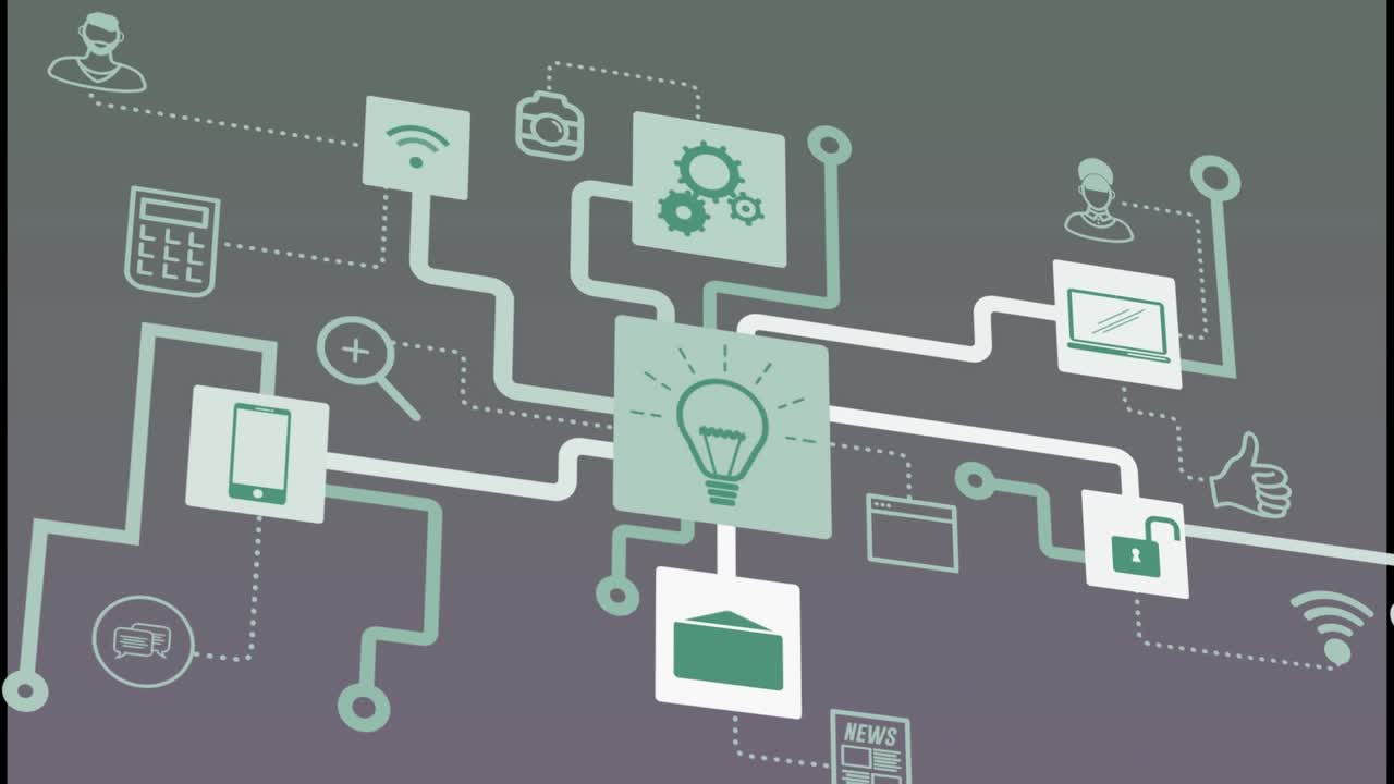 Animation of connections with tech icons on grey background