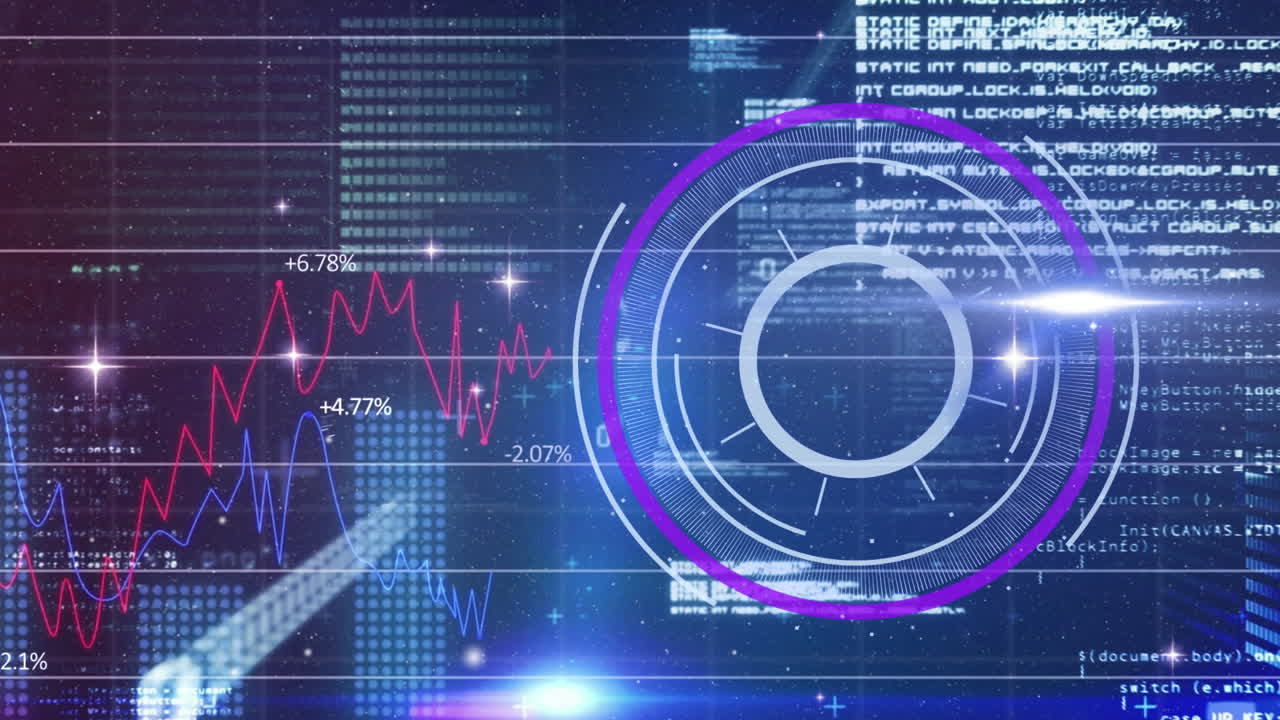 animación de círculos sobre códigos binarios y lenguaje informático contra múltiples gráficos con números