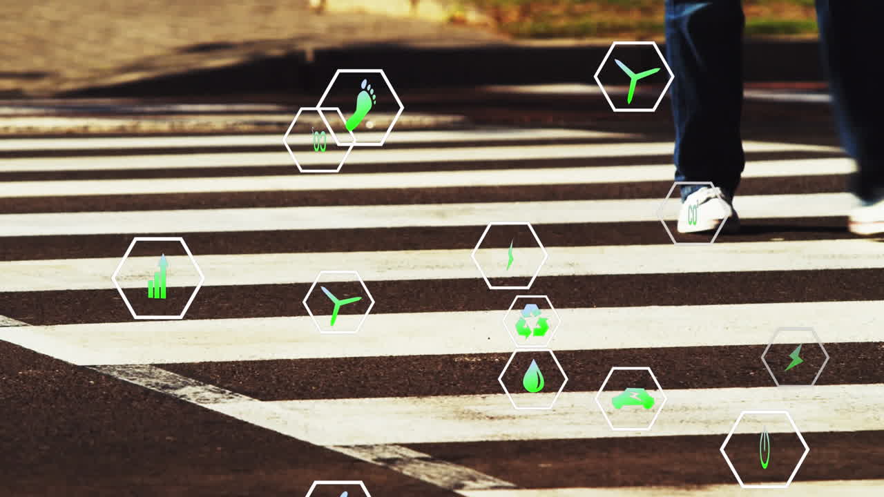 거리를 건너는 사람들의 낮은 부분의 타임 스에 대한 여러 디지털 아이콘의 애니메이션