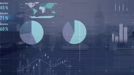 Animation-of-infographic-interface-over-modern-city-through-glass-window-of-empty-office