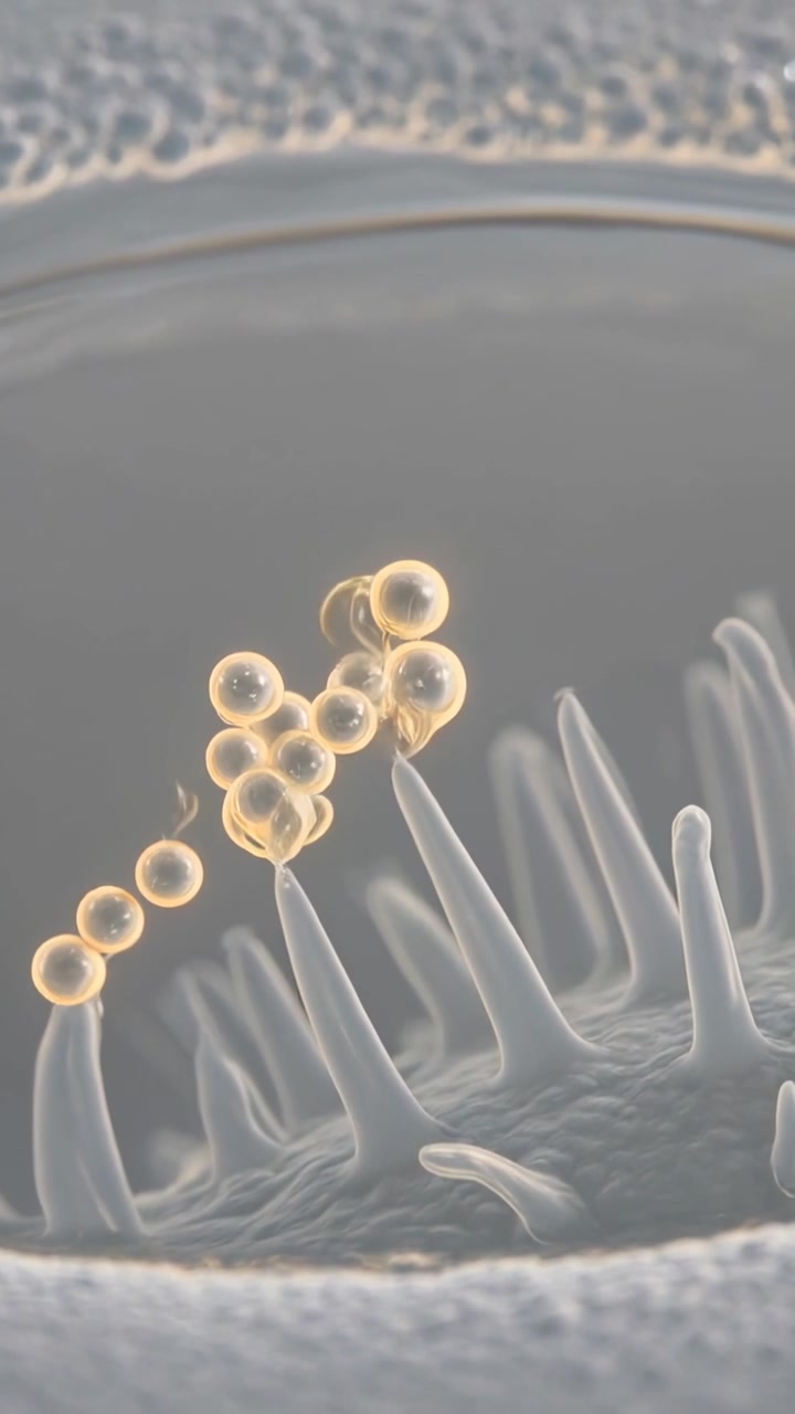 Video verticale: Goccioline dorate che si formano e si raccolgono su steli sottili sul bordo di una tazza mentre il fluido condensa.