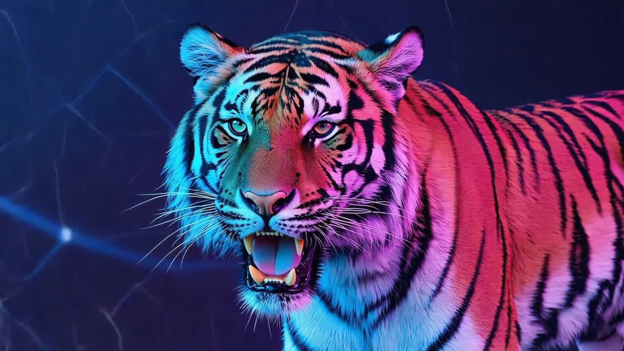 Close-up portrait of a tiger with neon lights