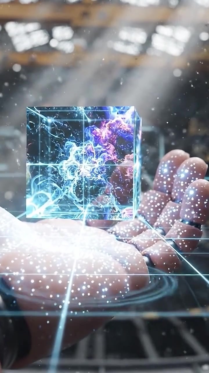 Una Mano Robotica Futuristica Emerge dalle Ombre, Tenendo un Cubo di Energia Luminoso che Simboleggia la Fusione di Tecnologia e Magia in un Ambiente Affascinante