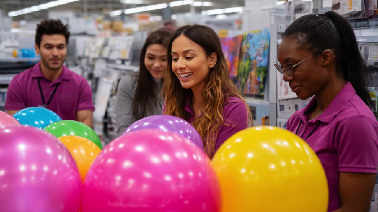 A group of cheerful employees engaged in a lively conversation while surrounded by colorful balloons, showcasing a vibrant atmosphere filled with joy and teamwork in a retail setting
