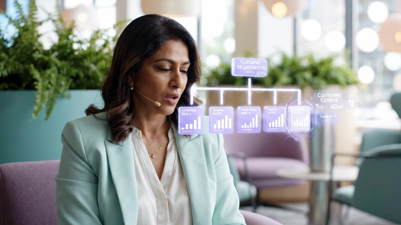 Engaging Business Expert Discussing Customer Satisfaction Metrics with Innovative Data Visualization in a Modern, Stylish Setting