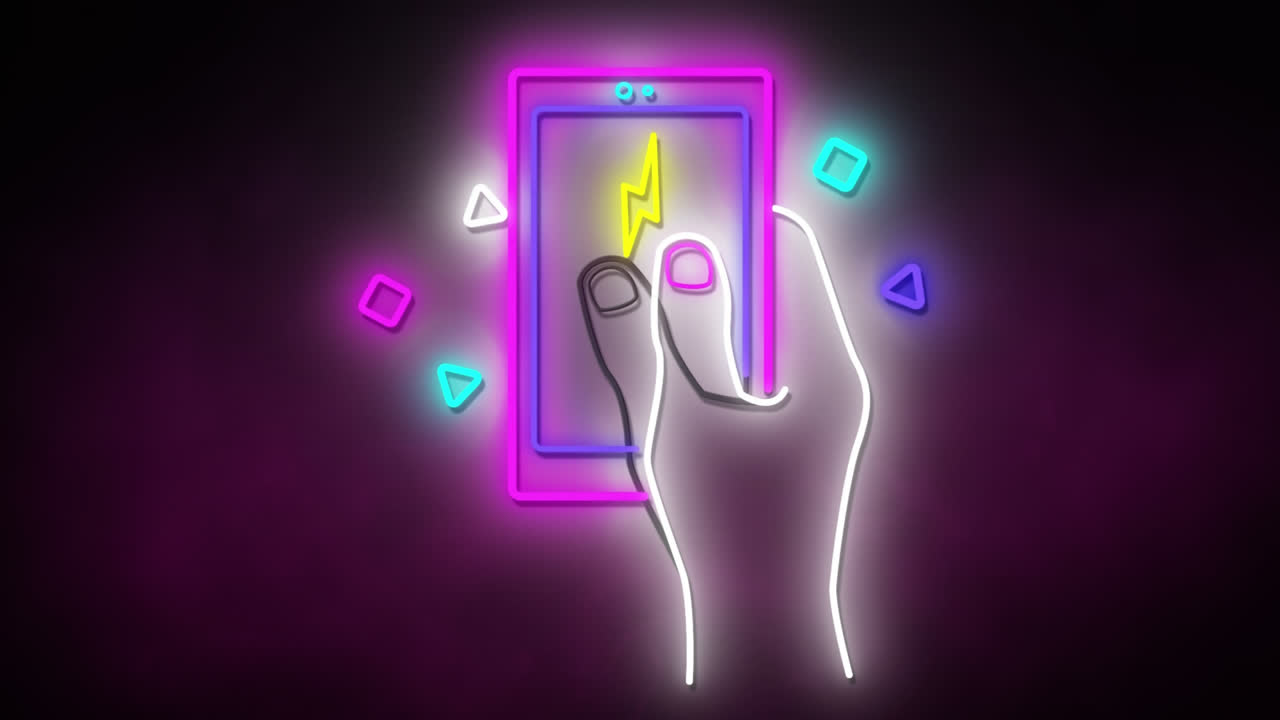 animación de una mano de neón retro brillante usando la pantalla de un teléfono inteligente sobre un fondo púrpura