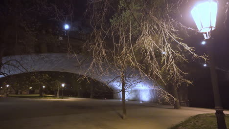 arco del puente de la legión sobre un parque vacío en la noche, isla strelecky, praga, chequia