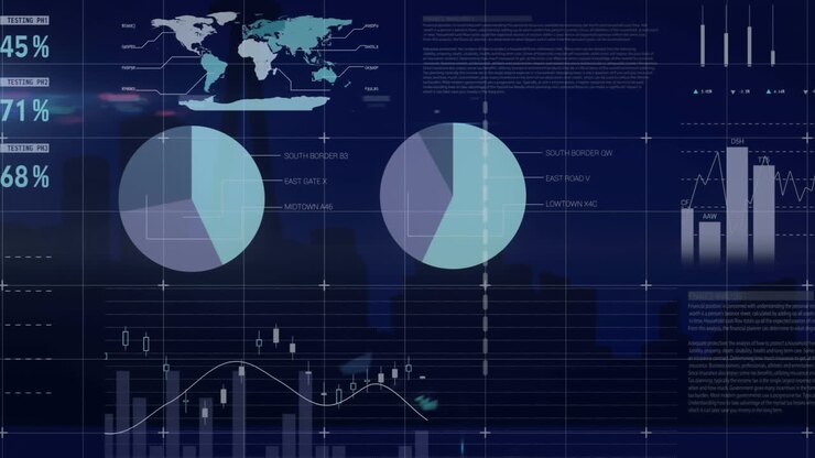 Animation of statistical data processing over cityscape against blue background