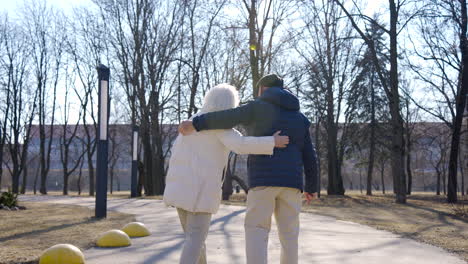 rear view of a senior couple holding hands and walking in the park on a winter day