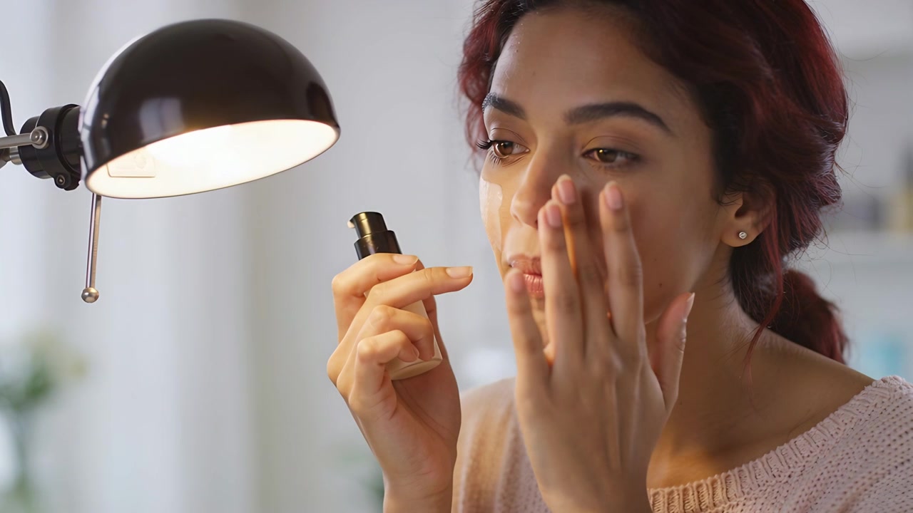 Presionando el dosificador, mujer con suéter rosa aplicando crema para el contorno de ojos para hidratación en su tocador en casa, lámpara