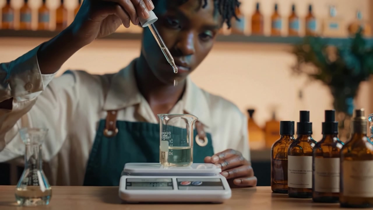 Una donna concentrata misura meticolosamente ingredienti liquidi usando una bilancia mentre crea fragranze personalizzate in uno spazio di lavoro ben organizzato e aromatico, pieno di bottiglie.